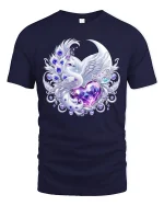 Elegant Swan Heart Crystal Art Tshirt With Magical Fantasy Vibes - navy t-shirt on white background