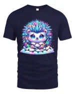 Cute Hedgehog Tshirt With Sparkly Lights Cozy Holiday Joy - navy t-shirt on white background