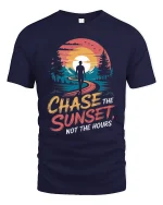 Chase The Sunset Not The Hours Inspirational Adventure Graphic Tshirt - navy t-shirt on white background