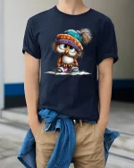 Cute Winter Owl Graphic Tshirt With Cozy Hat Adorable Style - model wearing navy tee with hands in pockets