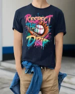 Respect The Drip Baseball Graphic Tshirt Bold Street Sports Style - model wearing navy tee with hands in pockets