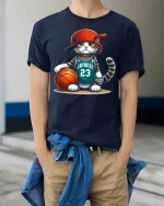 Funny Basketball Cat Graphic Tshirt With Street Style Attitude - model wearing navy tee with hands in pockets