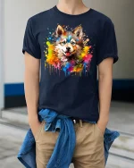 Colorful Wolf Art Tshirt With Paint Splash Wild Spirit Style - model wearing navy tee with hands in pockets