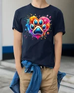 Colorful Paw Print Heart Graphic Tshirt With Artistic Pet Love - model wearing navy tee with hands in pockets