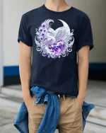 Elegant Swan Heart Crystal Art Tshirt With Magical Fantasy Vibes - model wearing navy tee with hands in pockets