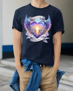 In Loving Memory Angel Wing Heart Sunset Art Tshirt Emotional Design - model wearing navy tee with hands in pockets