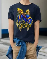 Neon Honey Bee Graphic Tshirt With Dripping Honey Street Art - model wearing navy tee with hands in pockets