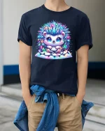 Cute Hedgehog Tshirt With Sparkly Lights Cozy Holiday Joy - model wearing navy tee with hands in pockets