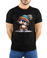 Cute Winter Owl Graphic Tshirt With Cozy Hat Adorable Style - model wearing black tee with hands behind back