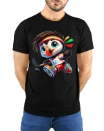 Cute Hockey Penguin Graphic Tshirt With Fun Sports Cartoon Style - model wearing black tee with hands behind back