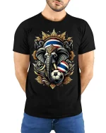 Thailand Elephant Soccer Graphic Tshirt With Royal Power Art Style - model wearing black tee with hands behind back