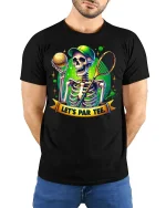 Lets Par Tee Funny Golf Skeleton Graphic Tshirt Bold Humor Style - model wearing black tee with hands behind back