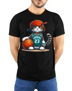 Funny Basketball Cat Graphic Tshirt With Street Style Attitude - model wearing black tee with hands behind back