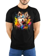 Colorful Wolf Art Tshirt With Paint Splash Wild Spirit Style - model wearing black tee with hands behind back