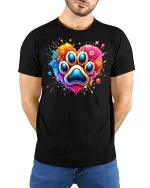 Colorful Paw Print Heart Graphic Tshirt With Artistic Pet Love - model wearing black tee with hands behind back