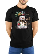 Cute Snowman Winter Holiday Tshirt With Cozy Scarf And Sweet Smile - model wearing black tee with hands behind back