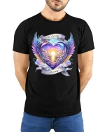 In Loving Memory Angel Wing Heart Sunset Art Tshirt Emotional Design - model wearing black tee with hands behind back