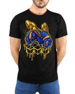 Neon Honey Bee Graphic Tshirt With Dripping Honey Street Art - model wearing black tee with hands behind back