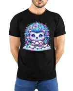 Cute Hedgehog Tshirt With Sparkly Lights Cozy Holiday Joy - model wearing black tee with hands behind back