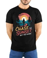 Chase The Sunset Not The Hours Inspirational Adventure Graphic Tshirt - model wearing black tee with hands behind back