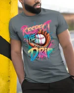 Respect The Drip Baseball Graphic Tshirt Bold Street Sports Style - model wearing grey tee, leaning on column