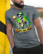 Lets Par Tee Funny Golf Skeleton Graphic Tshirt Bold Humor Style - model wearing grey tee, leaning on column