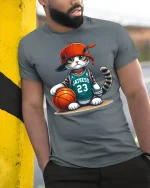 Funny Basketball Cat Graphic Tshirt With Street Style Attitude - model wearing grey tee, leaning on column