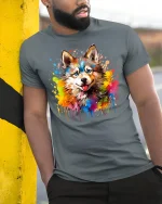 Colorful Wolf Art Tshirt With Paint Splash Wild Spirit Style - model wearing grey tee, leaning on column