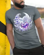 Elegant Swan Heart Crystal Art Tshirt With Magical Fantasy Vibes - model wearing grey tee, leaning on column