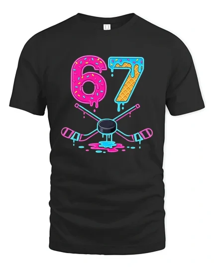 67 Neon Donut Hockey T Shirt With Funny Melting Ice Style - black t-shirt on white background