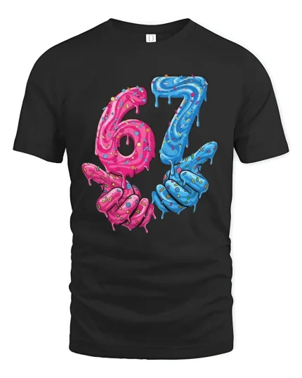 Funny 67 Donut Style T Shirt With Dripping Candy Art Design - black t-shirt on white background