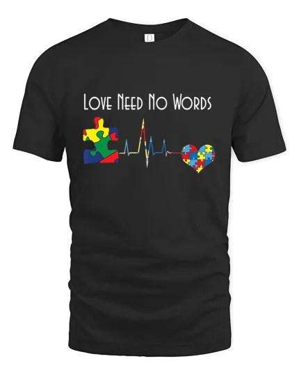 Love Need No Words Autism Puzzle Heartbeat Graphic T Shirt - black t-shirt on white background