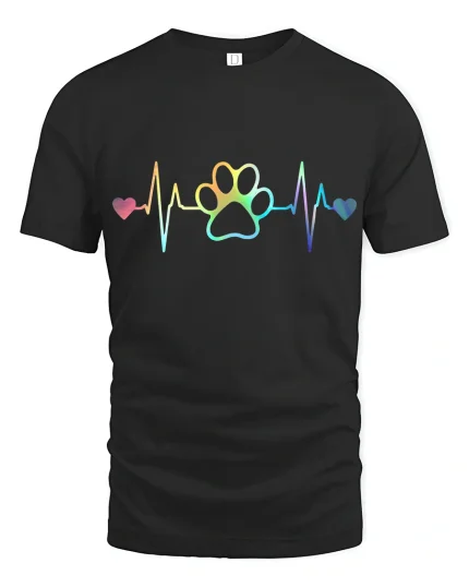 Rainbow Heartbeat Paw Print Love Graphic T Shirt - black t-shirt on white background
