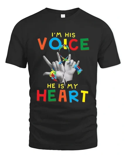 Im His Voice He Is My Heart Autism Awareness Graphic T Shirt - black t-shirt on white background