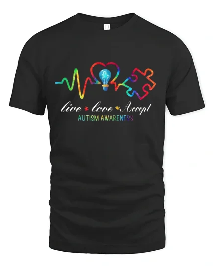 Live Love Accept Autism Awareness T Shirt With Colorful Heartbeat - black t-shirt on white background