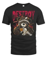 Destroy Teddy Bear Dark Graphic Tshirt With Broken Rebel Art - black t-shirt on white background