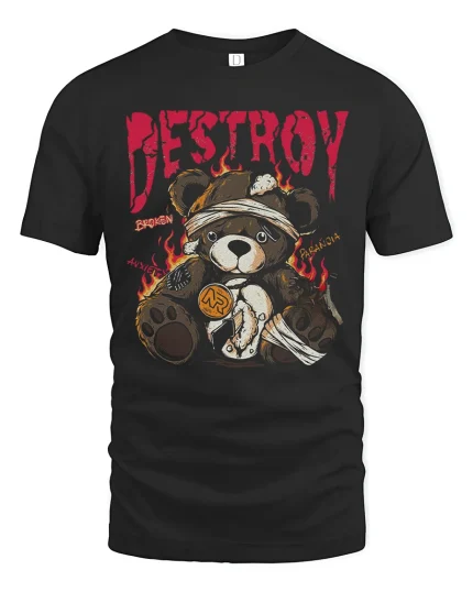 Destroy Teddy Bear Dark Graphic Tshirt With Broken Rebel Art - black t-shirt on white background