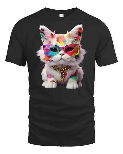 Cool Rainbow Cat Graphic Tshirt With Sunglasses And Gold Chain - black t-shirt on white background