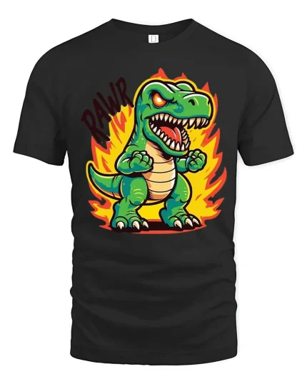 Funny Angry Dinosaur Cartoon Graphic Tshirt With Roaring Fire Art - black t-shirt on white background