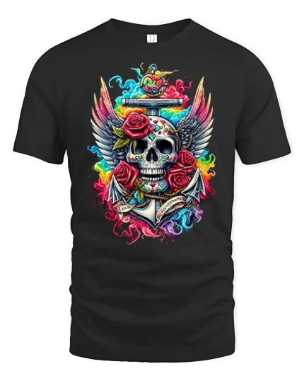 Colorful Skull Wings Roses Graphic Tee With Bold Tattoo Art - black t-shirt on white background