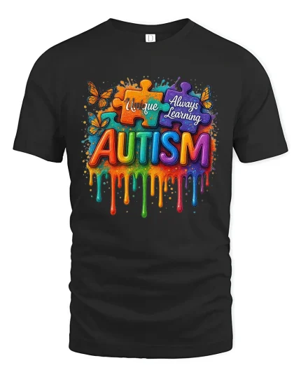 Unique Always Learning Autism Awareness T Shirt With Puzzle Art - black t-shirt on white background