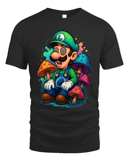 Funny Trippy Green Plumber T Shirt With Psychedelic Mushrooms - black t-shirt on white background