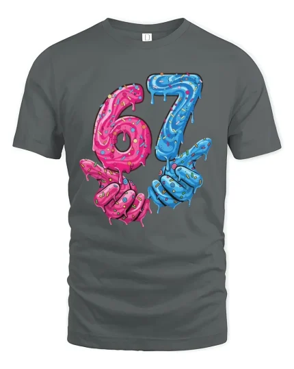 Funny 67 Donut Style T Shirt With Dripping Candy Art Design - gray t-shirt on white background