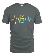 Rainbow Heartbeat Paw Print Love Graphic T Shirt - gray t-shirt on white background