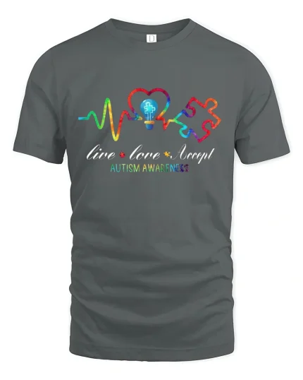 Live Love Accept Autism Awareness T Shirt With Colorful Heartbeat - gray t-shirt on white background