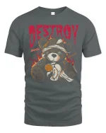 Destroy Teddy Bear Dark Graphic Tshirt With Broken Rebel Art - gray t-shirt on white background