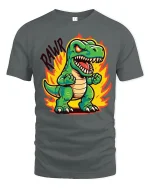 Funny Angry Dinosaur Cartoon Graphic Tshirt With Roaring Fire Art - gray t-shirt on white background