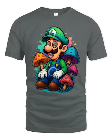 Funny Trippy Green Plumber T Shirt With Psychedelic Mushrooms - gray t-shirt on white background