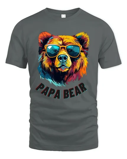 Papa Bear T Shirt With Cool Sunglasses And Colorful Art Style - gray t-shirt on white background