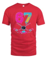 67 Neon Donut Hockey T Shirt With Funny Melting Ice Style - red t-shirt on white background